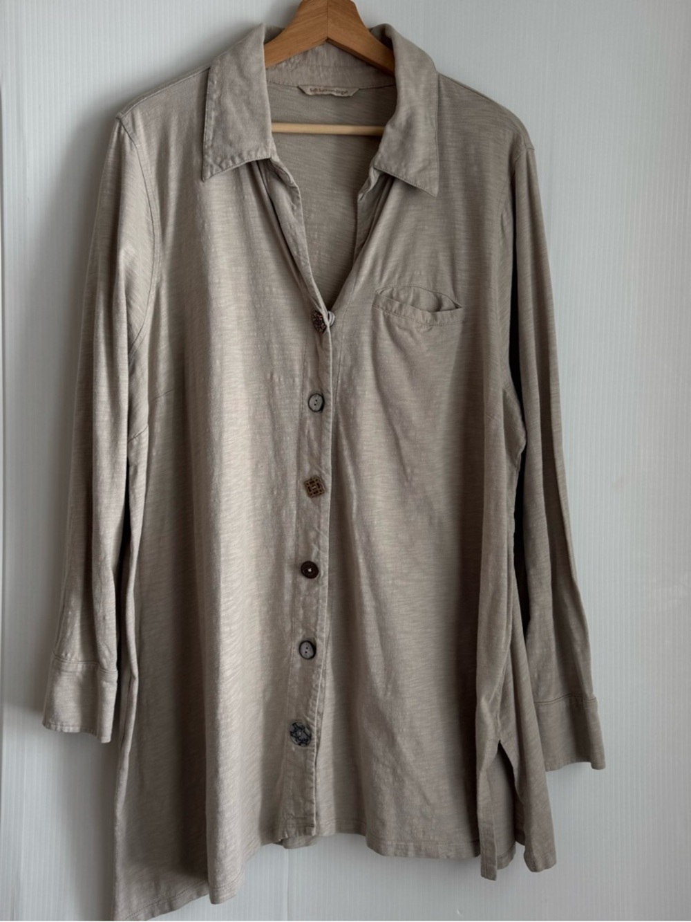 Soft Surroundings Taupe Button-Down Shirt funky buttons tunic style top